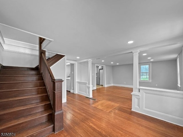 150 Mt Salem Rd, Wantage Twp, NJ 07461 - stairway with wood finished floors, recessed lighting, decorative columns, and baseboards