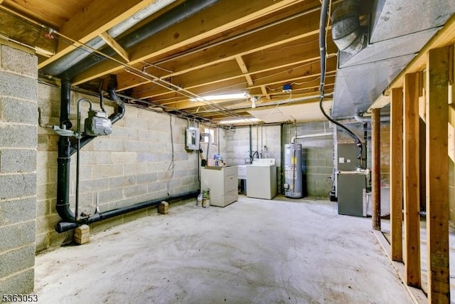 902E Merritt Dr, Hillsborough Twp, NJ 08844 - basement with water heater, independent washer and dryer, heating unit, electric panel, and gas meter