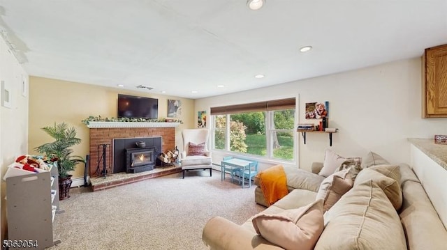 48 Copeley Rd, Hampton Twp, NJ 07860 - living area featuring carpet, recessed lighting, and a wood stove