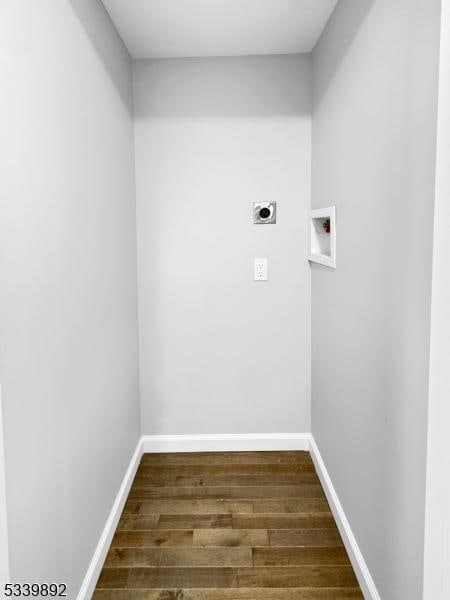 54 Coykendall Rd, Wantage Twp, NJ 07461 - laundry room featuring hookup for an electric dryer, dark wood finished floors, washer hookup, and baseboards