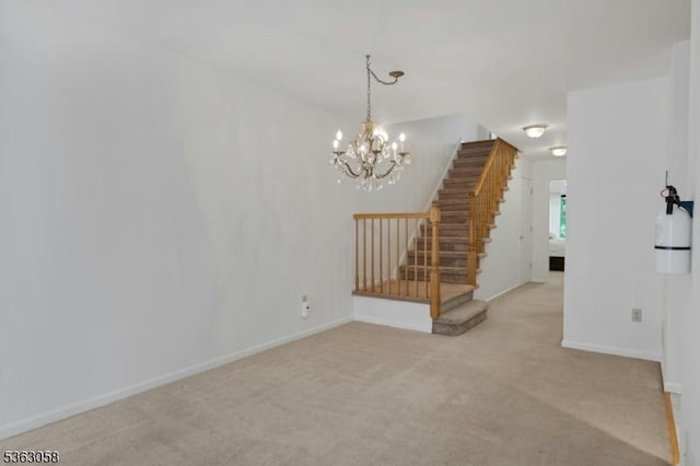 31 Park Edge, Berkeley Heights Twp, NJ 07922 - unfurnished living room with stairway, a chandelier, and carpet