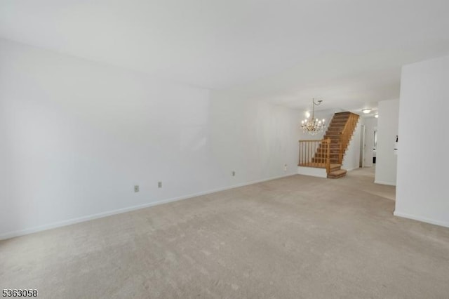 31 Park Edge, Berkeley Heights Twp, NJ 07922 - unfurnished living room with a chandelier, light colored carpet, and stairway