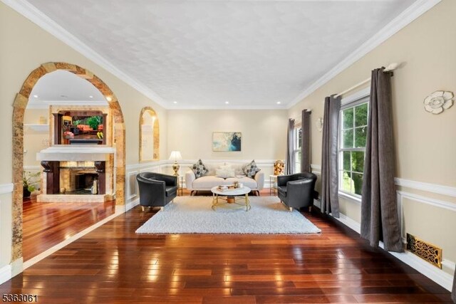 6 Fellen Pl, Hillsborough Twp, NJ 08844 - living room with a large fireplace, wood-type flooring, and recessed lighting