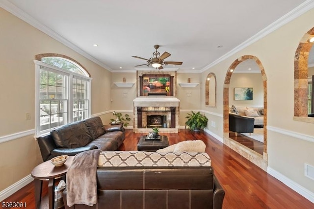 6 Fellen Pl, Hillsborough Twp, NJ 08844 - living room featuring wood finished floors, a ceiling fan, recessed lighting, a fireplace, and baseboards