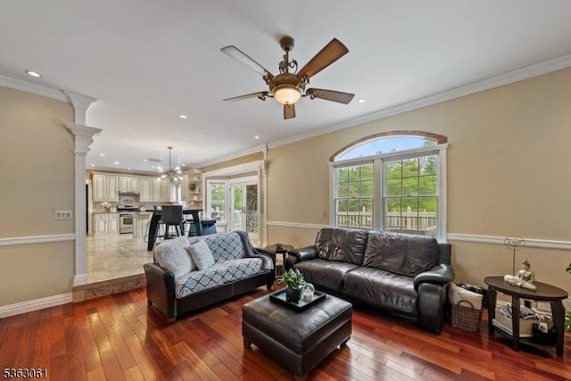 6 Fellen Pl, Hillsborough Twp, NJ 08844 - living room featuring ceiling fan, hardwood / wood-style floors, crown molding, recessed lighting, and baseboards