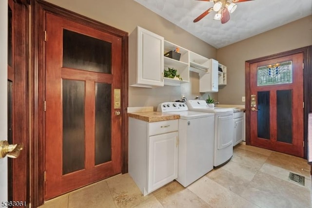 6 Fellen Pl, Hillsborough Twp, NJ 08844 - laundry area with cabinet space, washing machine and dryer, a ceiling fan, and light tile patterned flooring