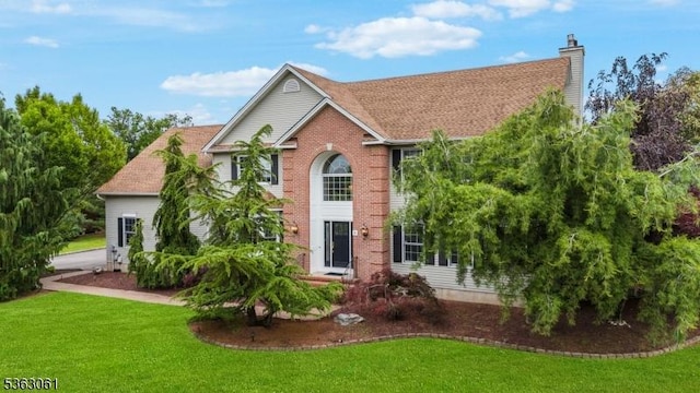 6 Fellen Pl, Hillsborough Twp, NJ 08844 - view of front of home with a front yard, a chimney, and brick siding