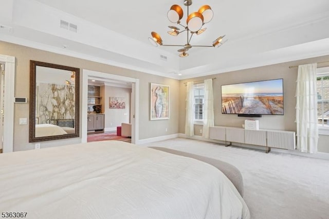 34 Oak Bend Rd, West Orange Twp, NJ 07052 - bedroom featuring a chandelier, a raised ceiling, carpet, and crown molding