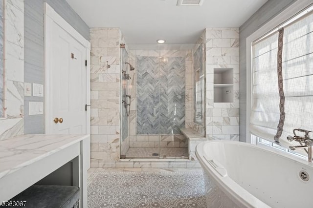 34 Oak Bend Rd, West Orange Twp, NJ 07052 - full bathroom featuring a stall shower, a bath, vanity, recessed lighting, and tile patterned floors