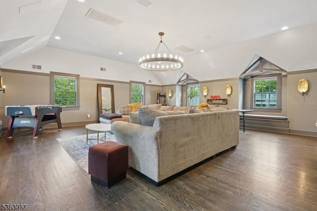 34 Oak Bend Rd, West Orange Twp, NJ 07052 - living room with lofted ceiling, dark wood-style floors, plenty of natural light, a chandelier, and recessed lighting