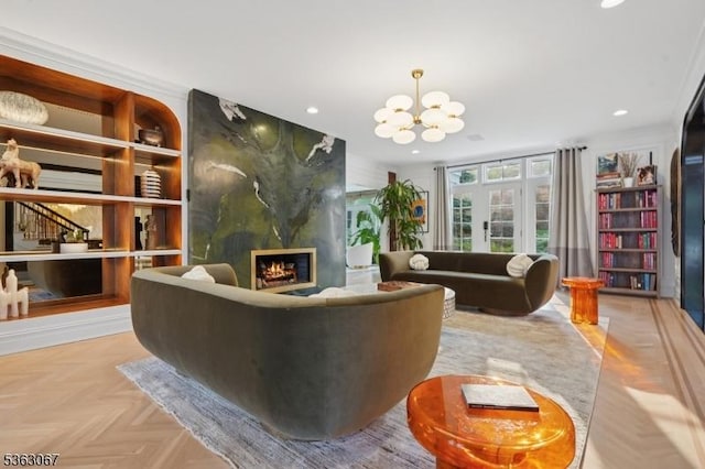 34 Oak Bend Rd, West Orange Twp, NJ 07052 - living area featuring recessed lighting, a fireplace, and a chandelier