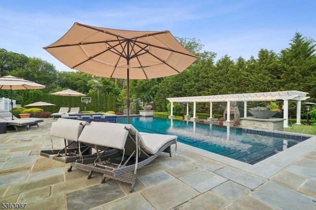 34 Oak Bend Rd, West Orange Twp, NJ 07052 - view of swimming pool with a pergola, a patio area, and a pool with connected hot tub