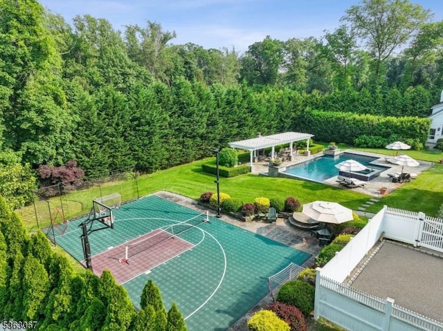 34 Oak Bend Rd, West Orange Twp, NJ 07052 - view of basketball court featuring basketball hoop, a gazebo, and a view of trees