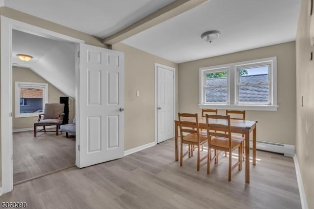 451 Centre St, Nutley Twp, NJ 07110 - dining space featuring light wood finished floors, baseboards, a baseboard heating unit, and beamed ceiling