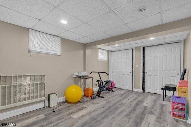 451 Centre St, Nutley Twp, NJ 07110 - recreation room featuring wood finished floors, a drop ceiling, recessed lighting, and baseboards