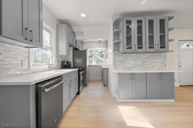 1250 Wildwood Ter, Union Twp, NJ 07083 - kitchen with dishwasher, stove, gray cabinetry, light wood-style floors, and recessed lighting