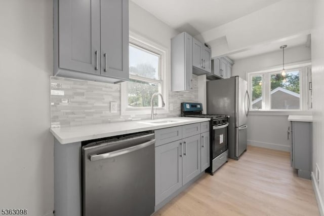 1250 Wildwood Ter, Union Twp, NJ 07083 - kitchen featuring stainless steel appliances, gray cabinets, light countertops, and tasteful backsplash