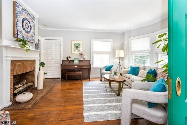 1 Walden Pl, Montclair Twp, NJ 07042 - living room with ornamental molding, wood finished floors, and a brick fireplace