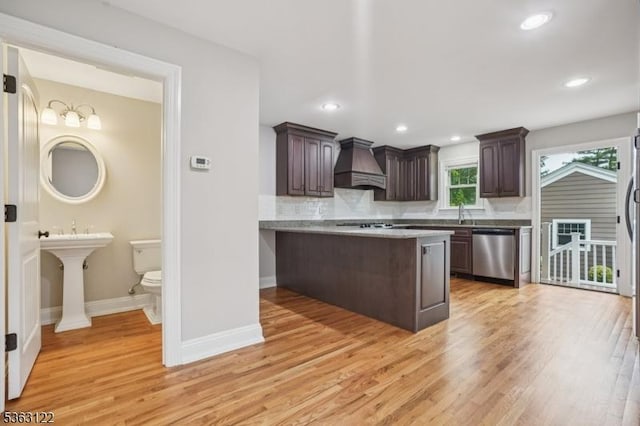 49 Summit Ave Unit B, Chatham Boro, NJ 07928 - kitchen featuring stainless steel dishwasher, premium range hood, dark brown cabinets, light wood-type flooring, and recessed lighting