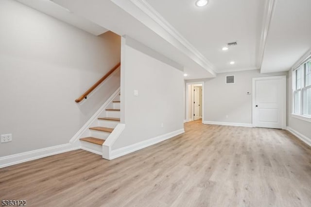 49 Summit Ave Unit B, Chatham Boro, NJ 07928 - unfurnished living room featuring crown molding, light wood-type flooring, recessed lighting, and stairs