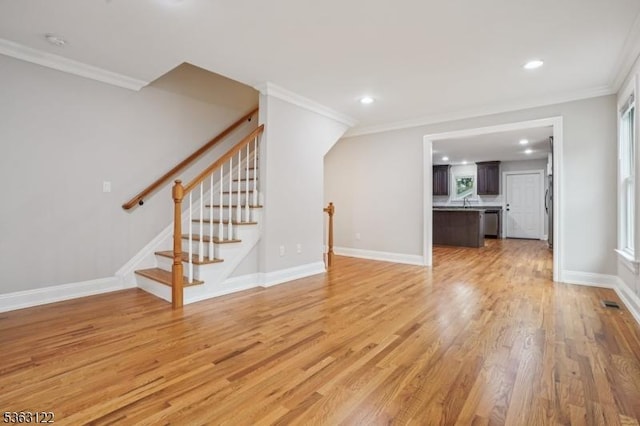 49 Summit Ave Unit B, Chatham Boro, NJ 07928 - unfurnished living room featuring light wood-style floors, stairway, recessed lighting, and crown molding