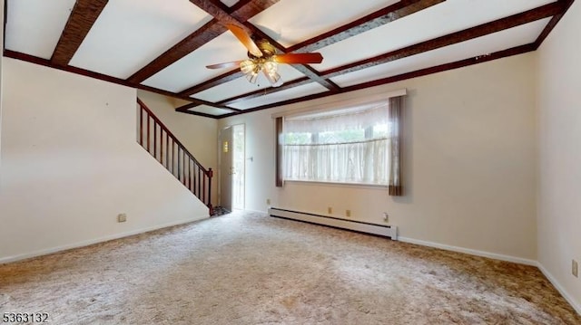 2039 Church Ave, Scotch Plains Twp, NJ 07076 - carpeted spare room featuring a baseboard heating unit, stairway, ceiling fan, beamed ceiling, and baseboards
