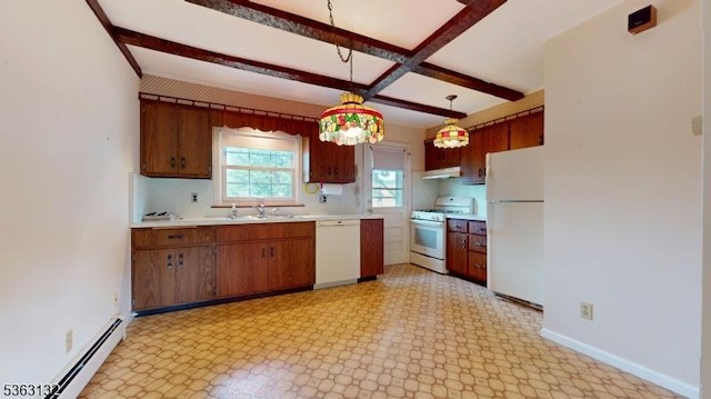 2039 Church Ave, Scotch Plains Twp, NJ 07076 - kitchen with white appliances, under cabinet range hood, baseboard heating, light countertops, and beamed ceiling