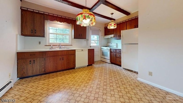 2039 Church Ave, Scotch Plains Twp, NJ 07076 - kitchen featuring white appliances, baseboard heating, under cabinet range hood, light countertops, and beam ceiling