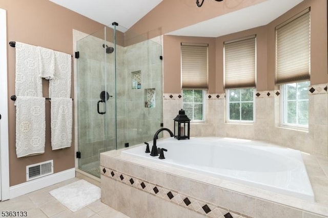 64 Pond Hollow Dr, Jefferson Twp, NJ 07438 - full bath with a bath, plenty of natural light, a shower stall, tile patterned flooring, and vaulted ceiling