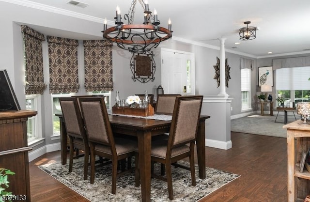 64 Pond Hollow Dr, Jefferson Twp, NJ 07438 - dining room featuring a chandelier, ornamental molding, dark wood-style flooring, and recessed lighting
