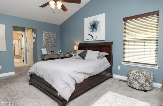 64 Pond Hollow Dr, Jefferson Twp, NJ 07438 - carpeted bedroom featuring lofted ceiling, connected bathroom, and ceiling fan