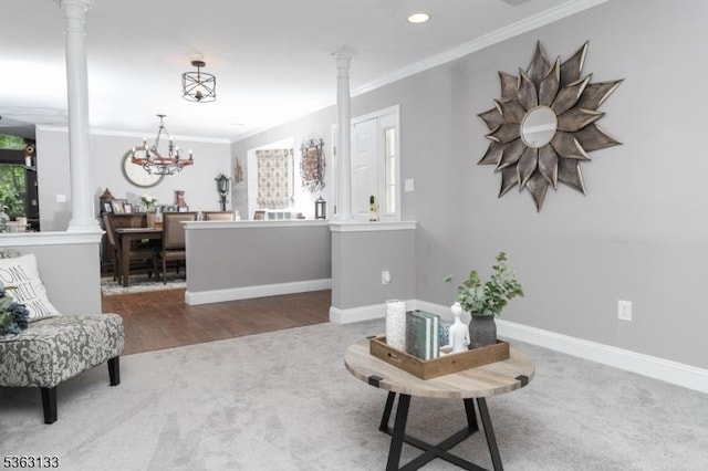 64 Pond Hollow Dr, Jefferson Twp, NJ 07438 - living area featuring decorative columns, carpet floors, ornamental molding, recessed lighting, and a chandelier
