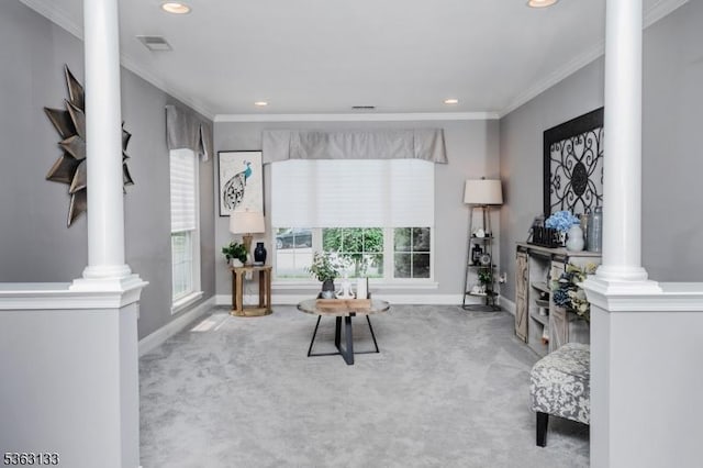 64 Pond Hollow Dr, Jefferson Twp, NJ 07438 - sitting room featuring decorative columns, carpet floors, ornamental molding, and recessed lighting