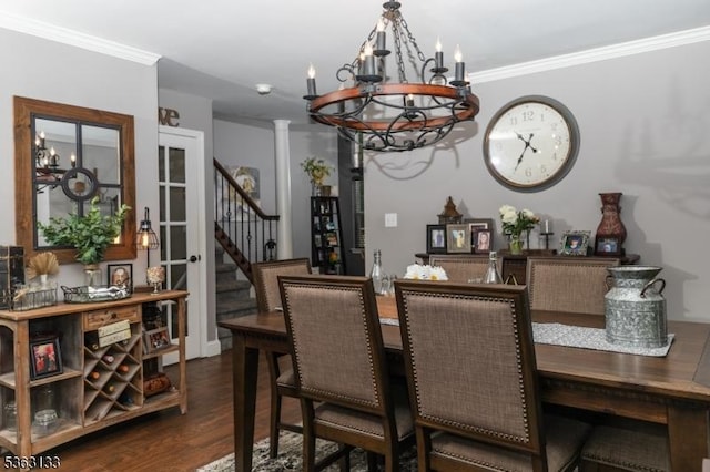 64 Pond Hollow Dr, Jefferson Twp, NJ 07438 - dining space with a chandelier, wood finished floors, ornamental molding, stairway, and ornate columns