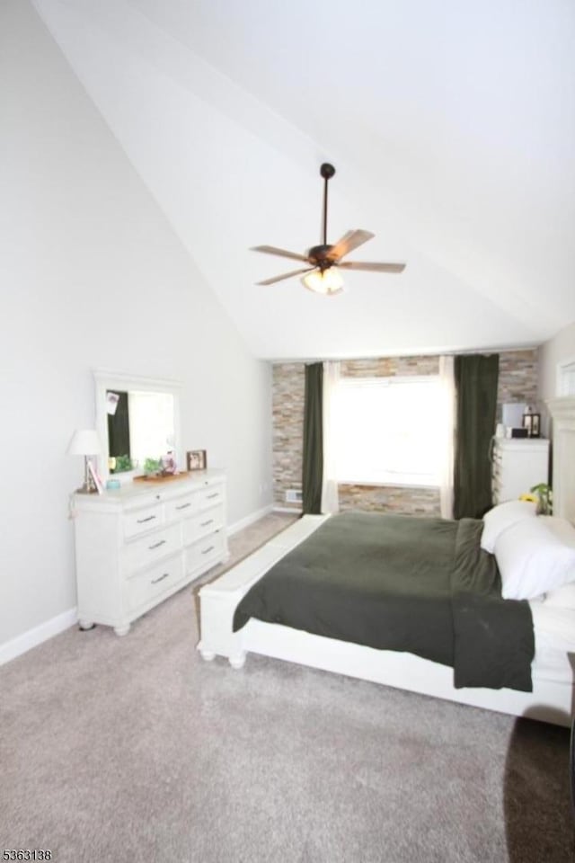 132 Sloop Rd, Stafford Twp, NJ 08050 - bedroom featuring baseboards, light carpet, multiple windows, ceiling fan, and high vaulted ceiling