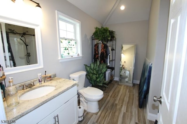 132 Sloop Rd, Stafford Twp, NJ 08050 - full bath featuring wood finished floors, vanity, toilet, a shower, and vaulted ceiling