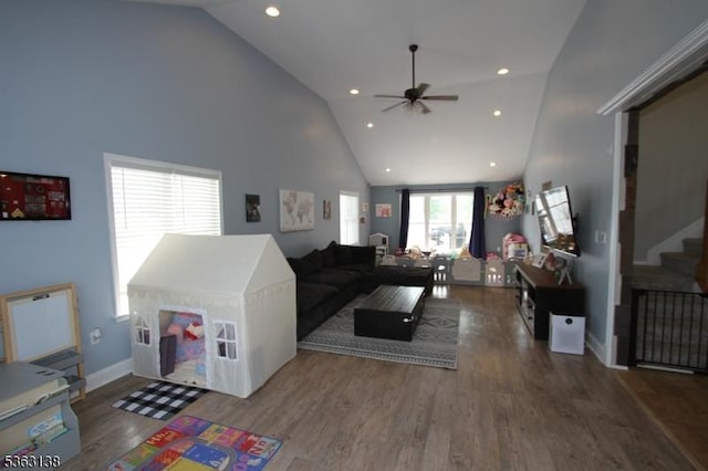 132 Sloop Rd, Stafford Twp, NJ 08050 - living room with ceiling fan, high vaulted ceiling, stairs, recessed lighting, and wood finished floors