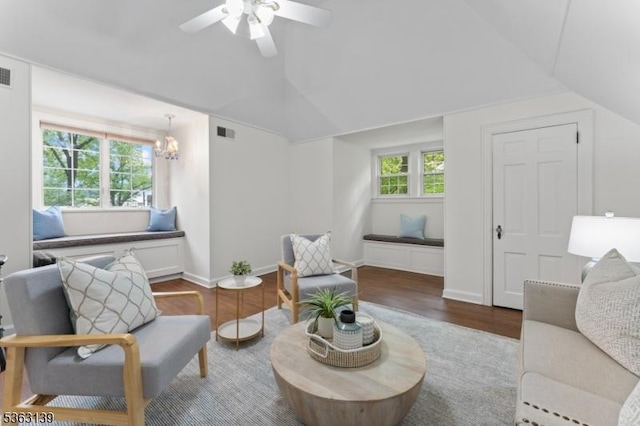460 Overhill Rd, South Orange Village Twp, NJ 07079 - living area with vaulted ceiling, wood finished floors, a ceiling fan, baseboards, and a chandelier