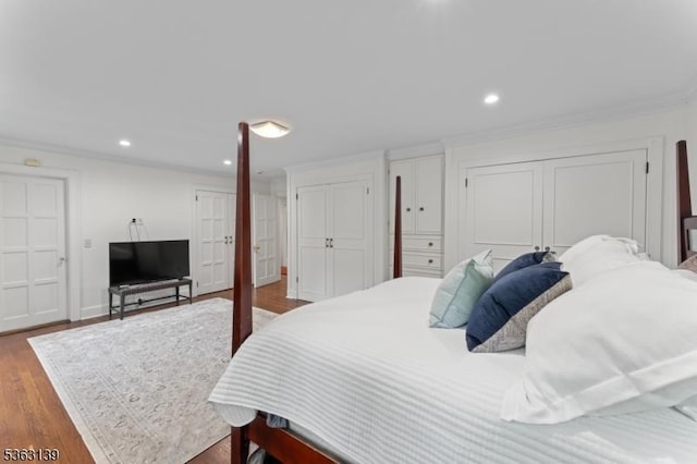 460 Overhill Rd, South Orange Village Twp, NJ 07079 - bedroom featuring crown molding, wood finished floors, two closets, and recessed lighting
