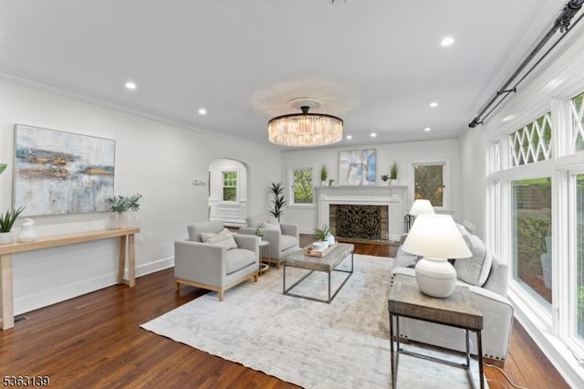 460 Overhill Rd, South Orange Village Twp, NJ 07079 - living room featuring plenty of natural light, wood finished floors, a fireplace, arched walkways, and ornamental molding