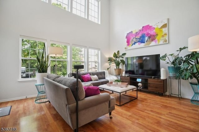 157 Rock Rd, Wayne Twp, NJ 07470 - living room featuring a towering ceiling, plenty of natural light, wood finished floors, and baseboards