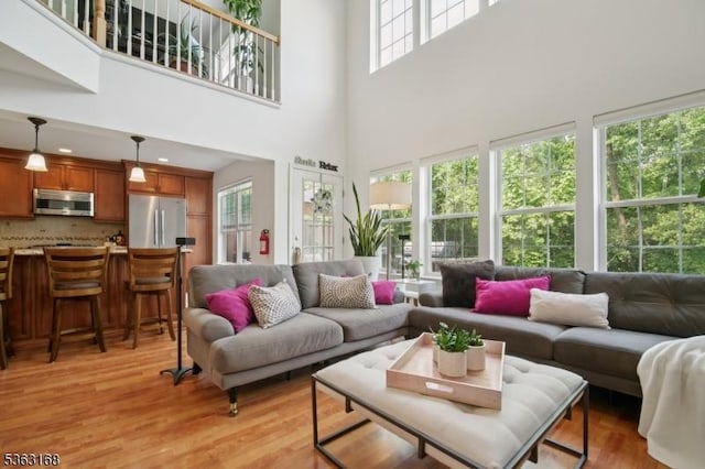 157 Rock Rd, Wayne Twp, NJ 07470 - living area featuring light wood-style flooring and a towering ceiling