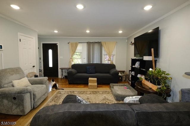 179 Standish St, Elizabeth City, NJ 07202 - living room featuring crown molding, wood finished floors, and recessed lighting