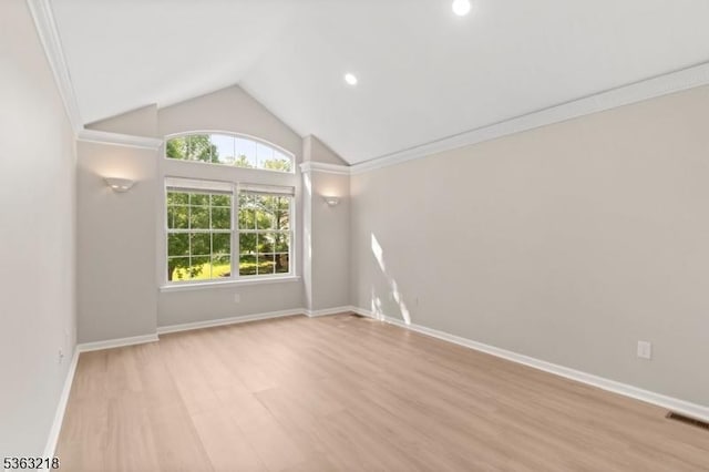 133 Marlboro Cir, Lopatcong Twp, NJ 08886 - spare room featuring light wood-style flooring, baseboards, ornamental molding, recessed lighting, and high vaulted ceiling