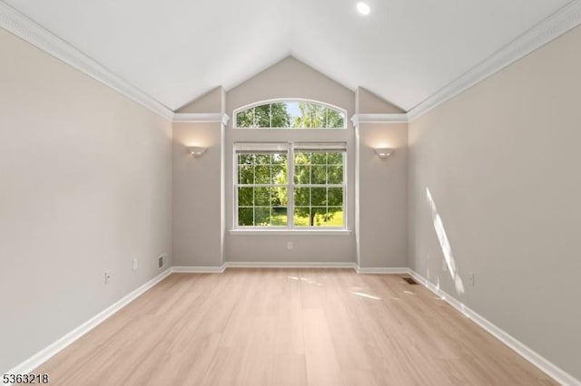 133 Marlboro Cir, Lopatcong Twp, NJ 08886 - unfurnished living room featuring light wood-style floors, lofted ceiling, ornamental molding, baseboards, and recessed lighting