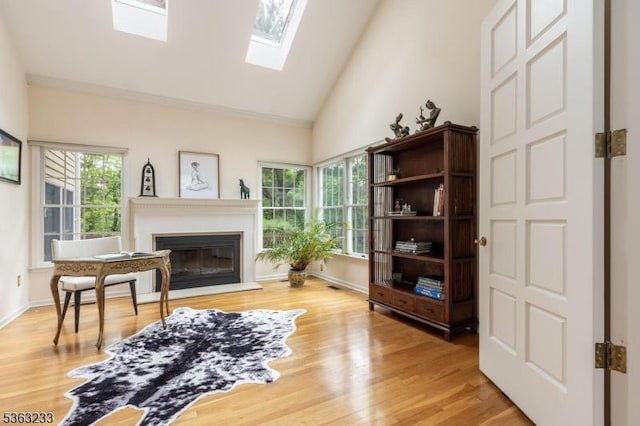 21 Stafford Ln, Bedminster Twp, NJ 07921 - living room with vaulted ceiling, a glass covered fireplace, light wood-style flooring, a skylight, and baseboards