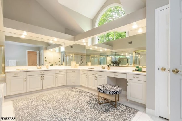21 Stafford Ln, Bedminster Twp, NJ 07921 - bathroom featuring a stall shower, tile patterned flooring, high vaulted ceiling, and vanity