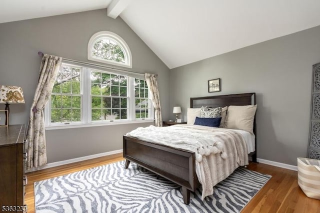 21 Stafford Ln, Bedminster Twp, NJ 07921 - bedroom with wood finished floors, beam ceiling, high vaulted ceiling, and baseboards