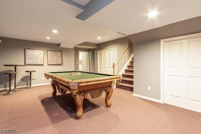 21 Stafford Ln, Bedminster Twp, NJ 07921 - playroom with light carpet, baseboards, recessed lighting, and pool table