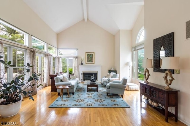 21 Stafford Ln, Bedminster Twp, NJ 07921 - living area featuring high vaulted ceiling, beam ceiling, a glass covered fireplace, and wood finished floors